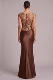Brown Mermaid Illusion Neck Ruched Long Formal Dress with Embroidery