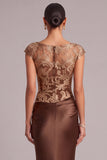 Brown Mermaid Illusion Neck Ruched Long Formal Dress with Embroidery
