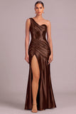 Brown Corset One Shoulder Ruched Long Formal Dress with Slit
