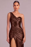 Brown Corset One Shoulder Ruched Long Formal Dress with Slit