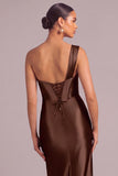 Brown Corset One Shoulder Ruched Long Formal Dress with Slit