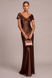 Brown Mermaid Ruched Off the Shoulder Satin Long Formal Dress