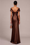 Brown Mermaid Ruched Off the Shoulder Satin Long Formal Dress