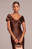 Brown Mermaid Ruched Off the Shoulder Satin Long Formal Dress
