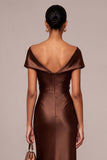 Brown Mermaid Ruched Off the Shoulder Satin Long Formal Dress