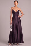 Grape A-Line Spaghetti Straps Satin Long Formal Dress