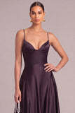 Grape A-Line Spaghetti Straps Satin Long Formal Dress