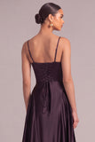 Grape A-Line Spaghetti Straps Satin Long Formal Dress