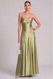 Light Green Satin A-Line Spaghetti Straps Ruched Long Formal Dress