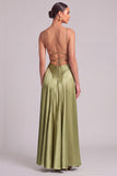 Light Green Satin A-Line Spaghetti Straps Ruched Long Formal Dress