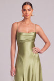 Light Green Satin A-Line Spaghetti Straps Ruched Long Formal Dress