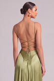 Light Green Satin A-Line Spaghetti Straps Ruched Long Formal Dress
