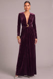 Grape Velvet V-Neck Long Sleeves Ruched Formal Dress with Slit
