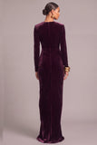 Grape Velvet V-Neck Long Sleeves Ruched Formal Dress with Slit