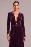 Grape Velvet V-Neck Long Sleeves Ruched Formal Dress with Slit