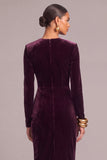 Grape Velvet V-Neck Long Sleeves Ruched Formal Dress with Slit