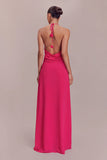Raspberry A Line Halter Long Formal Dress with 3D Flower