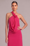 Raspberry A Line Halter Long Formal Dress with 3D Flower
