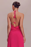 Raspberry A Line Halter Long Formal Dress with 3D Flower