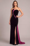 Black Velvet Mermaid Strapless Long Formal Dress with Slit