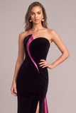 Black Velvet Mermaid Strapless Long Formal Dress with Slit