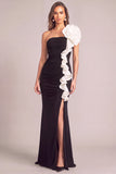 Black Mermaid One Shoulder Ruched Long Formal Dress with Ruffles