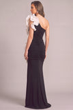 Black Mermaid One Shoulder Ruched Long Formal Dress with Ruffles