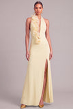 Yellow Mermaid Ruffled Halter Long Formal Dress with 3D Flower