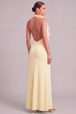 Yellow Mermaid Ruffled Halter Long Formal Dress with 3D Flower