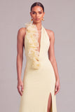 Yellow Mermaid Ruffled Halter Long Formal Dress with 3D Flower