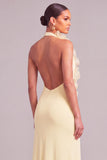 Yellow Mermaid Ruffled Halter Long Formal Dress with 3D Flower