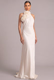 White Mermaid Halter Long Formal Dress with 3D Flower