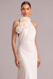 White Mermaid Halter Long Formal Dress with 3D Flower
