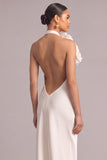 White Mermaid Halter Long Formal Dress with 3D Flower