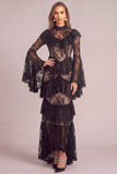 Black Tiered High Neck Long Ruffled Formal Dress with Lace