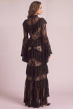 Black Tiered High Neck Long Ruffled Formal Dress with Lace