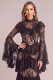 Black Tiered High Neck Long Ruffled Formal Dress with Lace