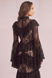 Black Tiered High Neck Long Ruffled Formal Dress with Lace