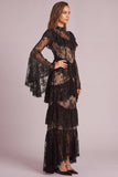 Black Tiered High Neck Long Ruffled Formal Dress with Lace