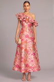 Pink A-Line One Shoulder Floral Long Formal Dress with Ruffles