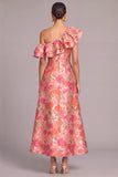 Pink A-Line One Shoulder Floral Long Formal Dress with Ruffles