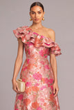 Pink A-Line One Shoulder Floral Long Formal Dress with Ruffles
