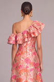 Pink A-Line One Shoulder Floral Long Formal Dress with Ruffles
