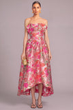 Pink Ruffled Jacquard Strapless Floral Asymmetrical Formal Dress