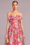 Pink Ruffled Jacquard Strapless Floral Asymmetrical Formal Dress