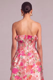 Pink Ruffled Jacquard Strapless Floral Asymmetrical Formal Dress