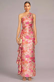 Pink Sheath One Shoulder Floral Long Formal Dress with Ruffles