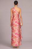 Pink Sheath One Shoulder Floral Long Formal Dress with Ruffles