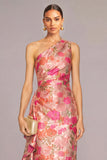 Pink Sheath One Shoulder Floral Long Formal Dress with Ruffles
