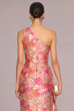 Pink Sheath One Shoulder Floral Long Formal Dress with Ruffles